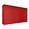 Red, container-like cabinet against a white background. Vertical grooves structure the surface. Two doors, square shape.