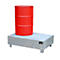 Red barrel placed on a galvanized steel drip tray. The tray is placed on four feet.