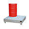 Red barrel standing on a galvanized steel tray.