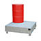 Red barrel on a metal spill containment. The spill containment has a grate and stands on four small feet.