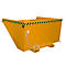Gele container met zwart-gele strepen, ketting en haak.