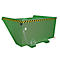 Groene containerbox met geel-zwarte waarschuwingsstrepen. Ketting met haak om te hijsen.