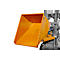 Conteneur basculant orange avec ruban d'avertissement noir, chaîne et mécanisme de pliage.