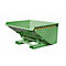 Groene container met schuine voorkant en zwart-gele waarschuwingsstrepen.