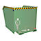 Groene metalen bak met waarschuwingsstrepen, palletbasis en ophanginrichting.