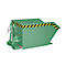 Groene stalen container met deksel en kettingen. Geel-zwarte waarschuwingsstrepen. Tegen een witte achtergrond.