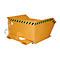 Gele afvalcontainer, zwart en geel gemarkeerd, staat op een pallet.