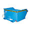 Blauw geschilderde afvalcontainer met geelzwarte waarschuwing, staand op pallets.