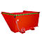 Roter Kippbehälter mit schwarz-gelbem Warnstreifen. Kette und Halterung sind sichtbar.