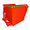 Roter Industriecontainer mit gelb-schwarzem Warnstreifen und Metallteilen.