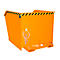 Orangefarbener Stahlcontainer mit schwarz-gelbem Warnstreifen. An der Seite befindet sich ein Verschluss mit Kette.