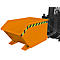 Orange Muldenkipper, gelb-schwarze Warnstreifen, an Gabelstapler befestigt.