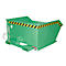 Grüner, rechteckiger Container mit schwarz-gelben Warnstreifen. Er hat eine Kette, ein Scharnier und steht auf einem weißen Hintergrund.