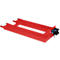Red pallet jack, in detail. Metal frame with lifting mechanism.