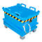 Blau stalen container met handvatten, geelzwarte strepen en kabels, staande op vier metalen blokken.