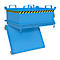 Blauwe doos met open klep en geel-zwarte waarschuwing.