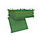 Groene kist met open deur, geel-zwarte waarschuwingsstreep, handvatten.