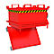 Roter Transportbehälter mit gelb-schwarzem Warnstreifen und hochgeklappter Rampe.