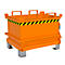 Orangefarbene, quaderförmige Transportbox mit gelb-schwarzem Warnstreifen, Tragegriffen und Metallfüßen.