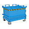 Blaue Stahlbox mit geöffneter Klappe. Gelb-schwarzer Warnstreifen. Griffe und Federmechanismus sichtbar.