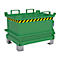 Grüne Transportbox mit gelb-schwarzer Warnmarkierung, vier Griffen und Füßen.