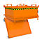 Orangefarbener Behälter mit geöffneter Klappe und gelb-schwarzen Streifen. Griffe und Riegel erkennbar.