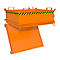 Orangefarbene Metallbox auf Füßen, gelb-schwarzes Warnband. Griffe, eckige Form, leere Box.