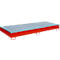 Red spill containment pallet with metal grate. Metal frame on feet.
