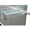 Metal shelf with perforated plate and bracket.