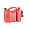 Red fuel canisters with black lids and handles. One canister with a handle, the other smaller.