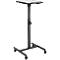 Black, height-adjustable laptop table on castors. Top shelf with corner strips, below a column leg with rotary knob and cross base.