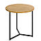 Runder Beistelltisch aus hellem Holz mit schwarzen Metallbeinen.