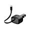 Chargeur de voiture noir avec câble USB-C. L'appareil dispose de deux ports USB-A et d'un port USB-C, le logo Belkin est visible.