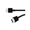 Deux câbles HDMI avec connecteurs noirs et un câble tressé, sur fond blanc.