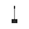 Un adaptateur USB-C noir de Belkin avec un câble. En bas se trouve un connecteur rectangulaire, en haut le connecteur USB-C.