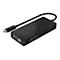 Adaptateur USB-C Belkin noir. Connecteurs : DVI, VGA, HDMI, DisplayPort. Connecté via un câble noir.