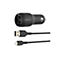 Chargeur de voiture Belkin noir avec deux ports USB et deux câbles : USB-A et Lightning.