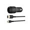 Chargeur de voiture Belkin noir avec deux ports USB et deux câbles de chargement noirs.