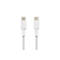 Deux câbles USB-C blancs côte à côte sur fond blanc. Les extrémités sont argentées.