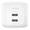 Chargeur blanc avec deux ports USB-C. Texte Belkin et 50W.