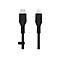 Zwei schwarze Ladekabel: USB-C-Stecker links, Lightning-Stecker rechts. Auf hellem Hintergrund.