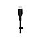 Ein schwarzes USB-C-Kabel mit dem Belkin-Logo und einer Kabelklemme.