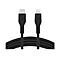 Ein schwarzes Ladekabel mit einem USB-C-Stecker und einem Lightning-Stecker.