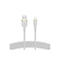 Weißes Lightning-Kabel mit geflochtenem Muster, USB-Anschluss und Belkin-Logo.