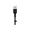 Schwarzes USB-Kabel von Belkin. Weißer USB-A-Stecker, schwarzes Kabel mit Belkin-Logo und Kabelbinder.