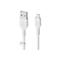 Weißes Belkin USB-A auf Lightning Ladekabel mit Kabelbinder vor weißem Hintergrund.