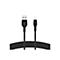 Ein schwarzes Ladekabel von Belkin. Ein USB-A-Stecker und ein Lightning-Stecker sind durch ein Textilkabel verbunden.
