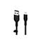 Ein schwarzes Ladekabel mit USB- und Lightning-Anschlüssen. Der Schriftzug "belkin" ist auf dem Kabel zu sehen.