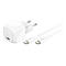 Weißes Belkin-Ladegerät mit Kabel. Auf dem Ladegerät steht Belkin und 30W. Die Kabel haben USB-C-Anschlüsse.