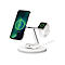 Weiße 3-in-1-Ladestation mit einem iPhone, einer Apple Watch und AirPods auf einer runden Basis.